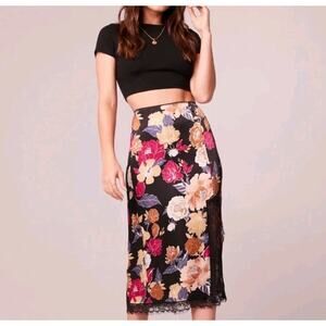 BAND OF THE FREE Lilou Black Floral Slip Lace Skirt Slit Midi Size Medium